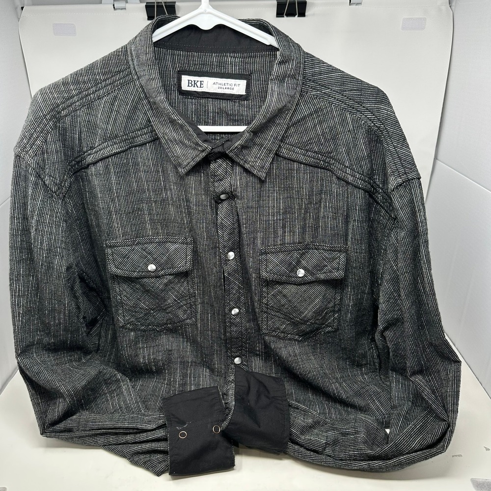 BKE Shirt Men 2XL Black White Striped Athletic Fit B2842 Long Sleeve Snap Front
